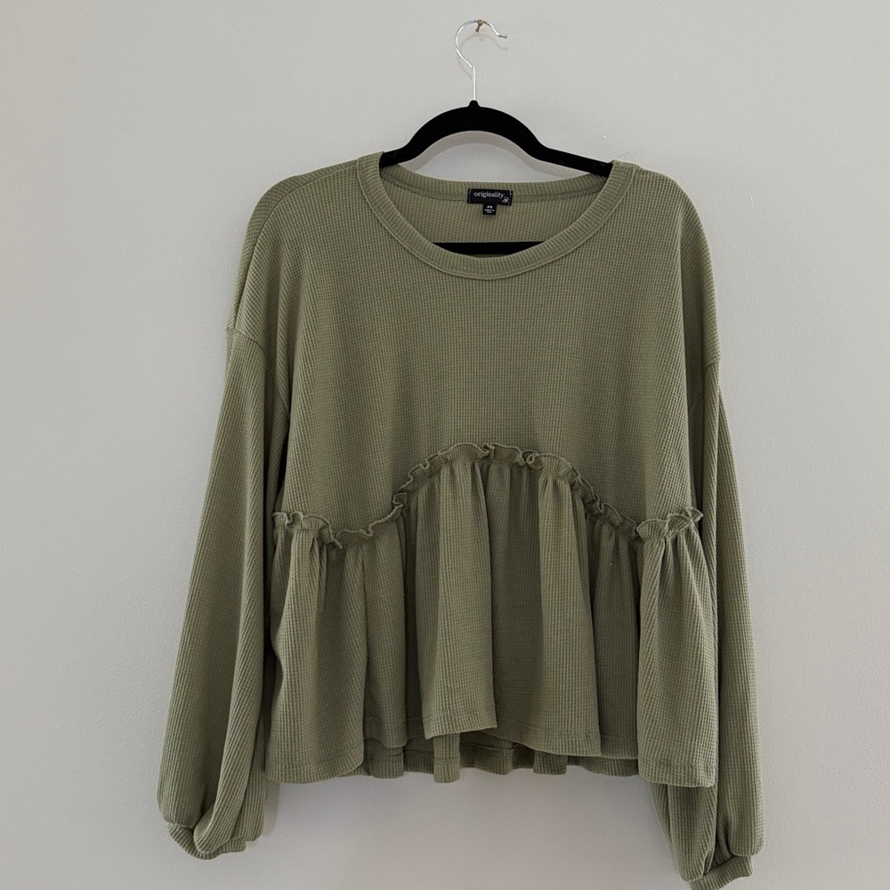Originality Olive Green Ruffled Cropped Babydoll Long Sleeve Top Fall